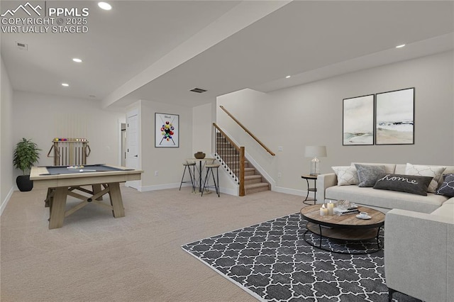 carpeted living area featuring recessed lighting, stairs, pool table, and baseboards