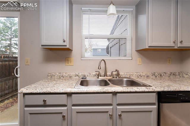 1295 Soaring Eagle Dr, Colorado Springs, CO 80915 - kitchen with dishwasher, a sink, light countertops, and gray cabinetry