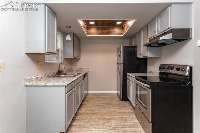 1295 Soaring Eagle Dr, Colorado Springs, CO 80915 - kitchen featuring stainless steel appliances, under cabinet range hood, a raised ceiling, a sink, and light wood-style flooring