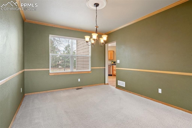 11985 Hanging Valley Way, Colorado Springs, CO 80921 - empty room with crown molding, a chandelier, baseboards, and light carpet