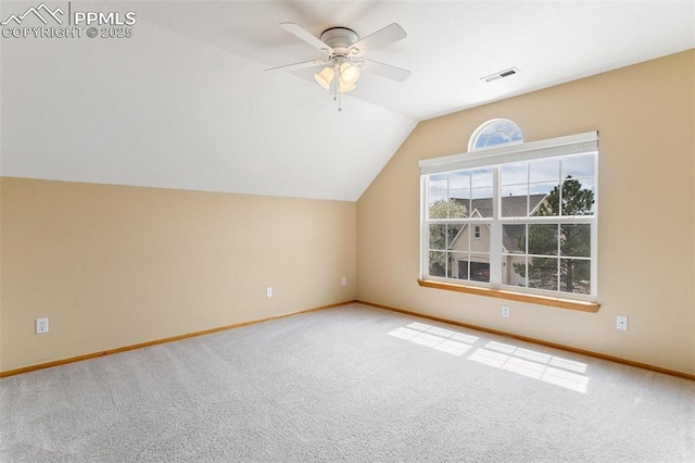 11985 Hanging Valley Way, Colorado Springs, CO 80921 - additional living space featuring carpet floors, baseboards, lofted ceiling, and ceiling fan