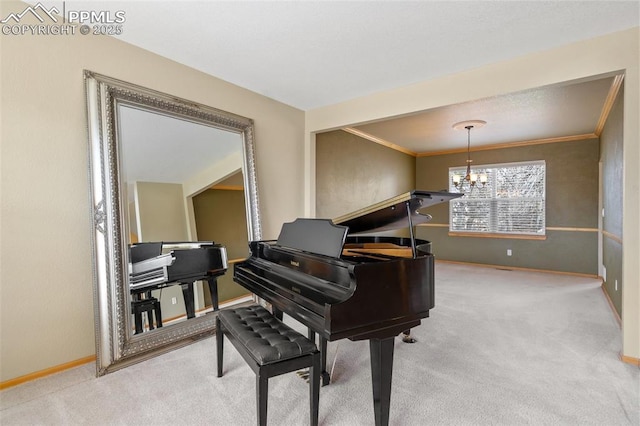 11985 Hanging Valley Way, Colorado Springs, CO 80921 - living area featuring a chandelier, carpet, crown molding, and baseboards