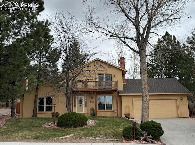 770 Allegheny Dr, Colorado Springs, CO 80919 - view of front of home featuring a chimney, stucco siding, an attached garage, driveway, and a front yard