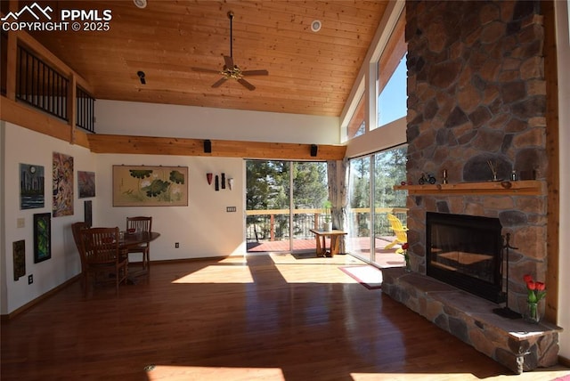 78 Powderhorn Ln, Florissant, CO 80816 - living room featuring high vaulted ceiling, ceiling fan, baseboards, wood finished floors, and wooden ceiling