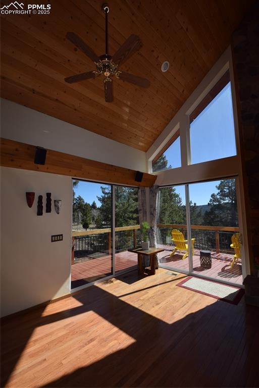 78 Powderhorn Ln, Florissant, CO 80816 - unfurnished sunroom with a ceiling fan and lofted ceiling