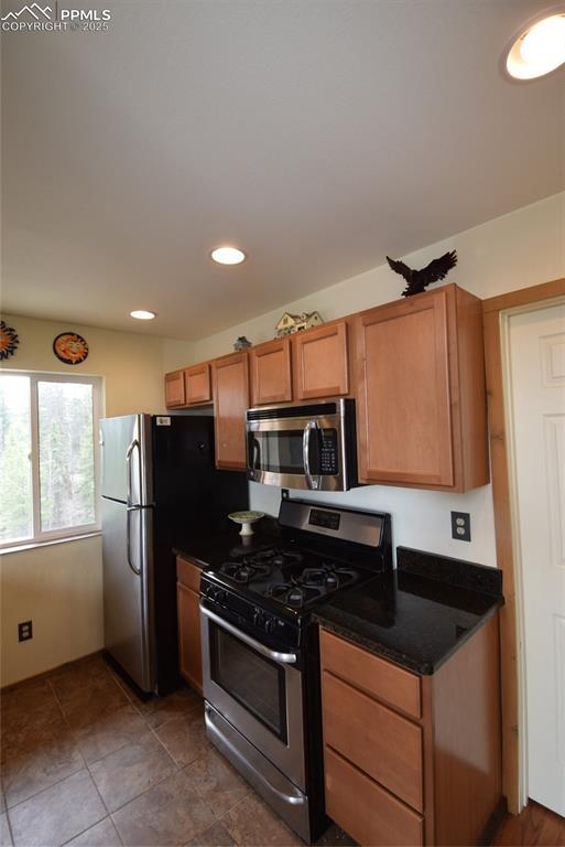 78 Powderhorn Ln, Florissant, CO 80816 - kitchen with stainless steel appliances, dark countertops, recessed lighting, and brown cabinets