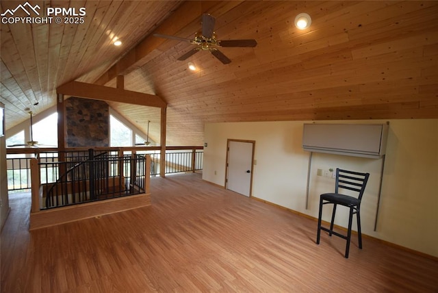 78 Powderhorn Ln, Florissant, CO 80816 - additional living space with a ceiling fan, wooden ceiling, wood finished floors, and baseboards