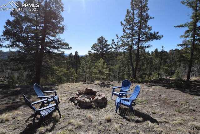 78 Powderhorn Ln, Florissant, CO 80816 - view of yard with an outdoor fire pit and a view of trees