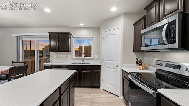 kitchen featuring light countertops, appliances with stainless steel finishes, light wood-style floors, and a sink