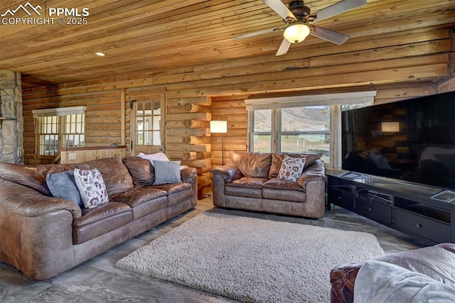 3645 Doolittle Rd, Monument, CO 80132 - living room featuring wooden ceiling, a ceiling fan, and rustic walls