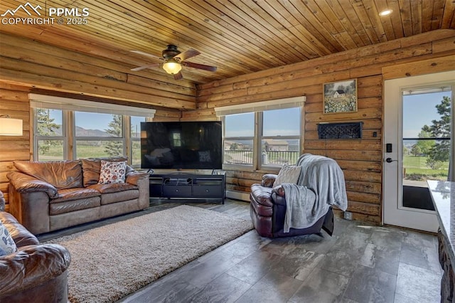 3645 Doolittle Rd, Monument, CO 80132 - living room with wood ceiling, ceiling fan, healthy amount of natural light, a baseboard heating unit, and recessed lighting