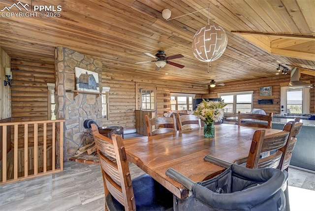 3645 Doolittle Rd, Monument, CO 80132 - dining room featuring wooden ceiling, a ceiling fan, and log walls