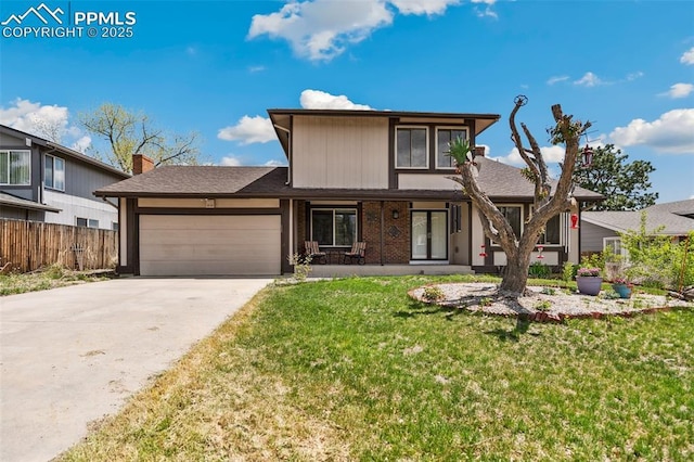 view of front of property with a garage, concrete driveway, and roof with shingles