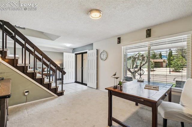 office featuring carpet and a textured ceiling