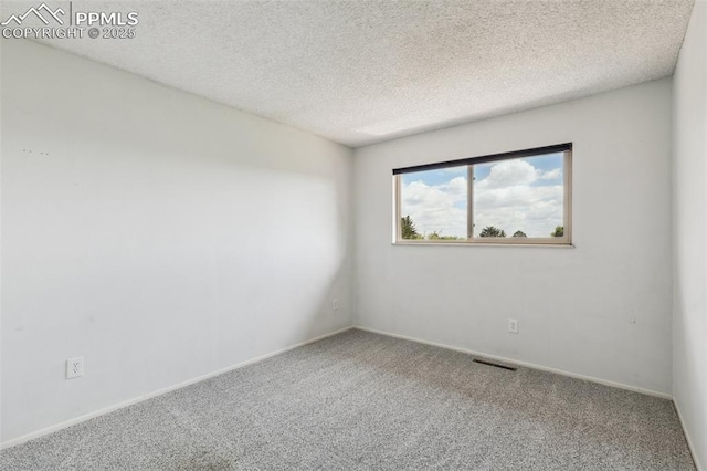 empty room with carpet floors, baseboards, and a textured ceiling