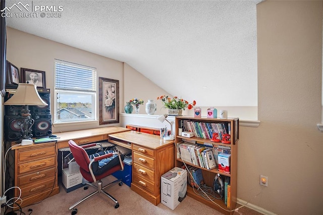 7136 Purple Thistle Ct, Colorado Springs, CO 80922 - home office with carpet, vaulted ceiling, and a textured ceiling