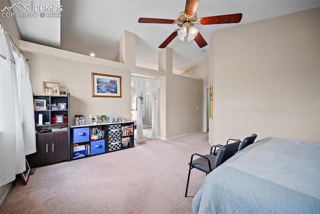 7136 Purple Thistle Ct, Colorado Springs, CO 80922 - carpeted bedroom featuring lofted ceiling, baseboards, recessed lighting, and ceiling fan