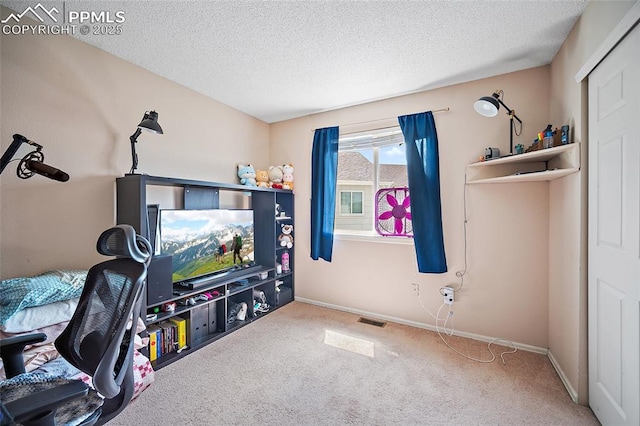 7136 Purple Thistle Ct, Colorado Springs, CO 80922 - recreation room featuring carpet flooring, a textured ceiling, and baseboards