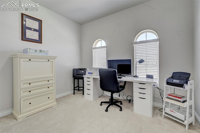 office with light carpet, healthy amount of natural light, and baseboards