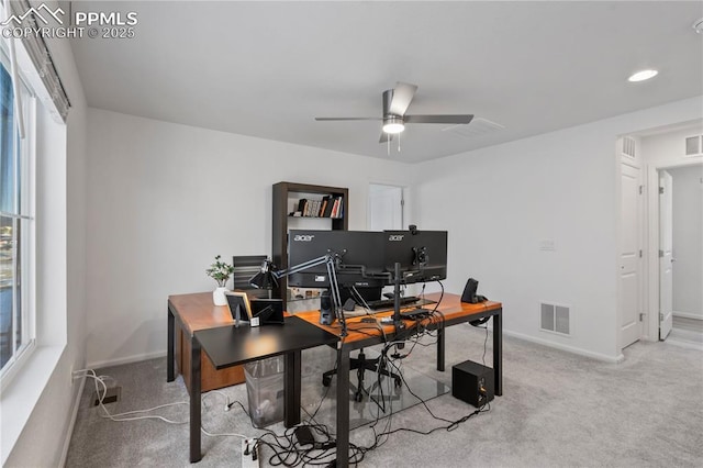 16422 Mountain Flax Dr, Monument, CO 80132 - office featuring ceiling fan, healthy amount of natural light, light carpet, and recessed lighting