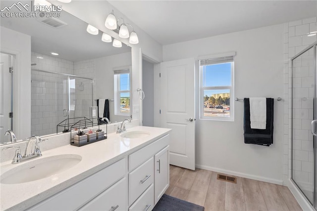 16422 Mountain Flax Dr, Monument, CO 80132 - bathroom with double vanity, a stall shower, and wood finished floors