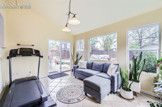 4258 Grassy Ct, Colorado Springs, CO 80916 - exercise room with light tile patterned floors, healthy amount of natural light, high vaulted ceiling, and baseboards