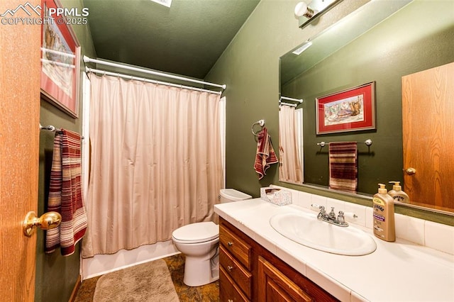 26985 Flower Cir, Simla, CO 80835 - full bathroom with vanity, toilet, and shower / bathtub combination with curtain