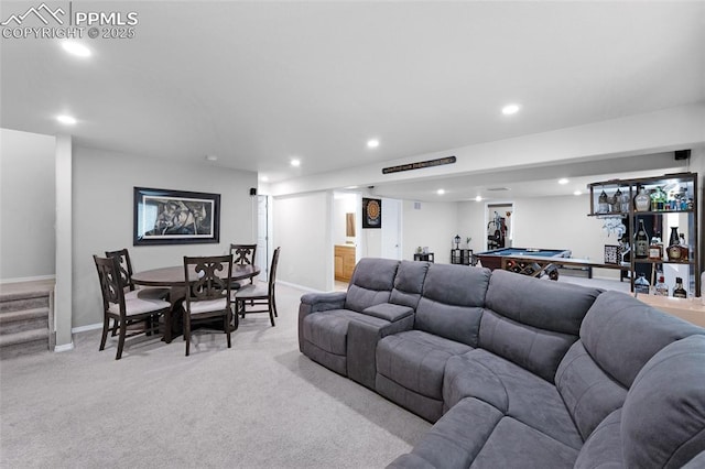 6244 Roundup Butte St, Colorado Springs, CO 80925 - living room featuring light carpet, recessed lighting, baseboards, and billiards table