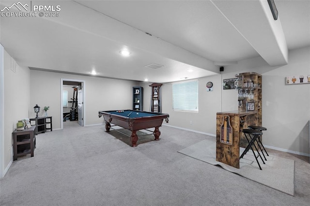 6244 Roundup Butte St, Colorado Springs, CO 80925 - playroom with pool table, a dry bar, baseboards, carpet, and recessed lighting