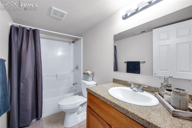 6244 Roundup Butte St, Colorado Springs, CO 80925 - bathroom with toilet, shower / tub combo, vanity, and tile patterned floors