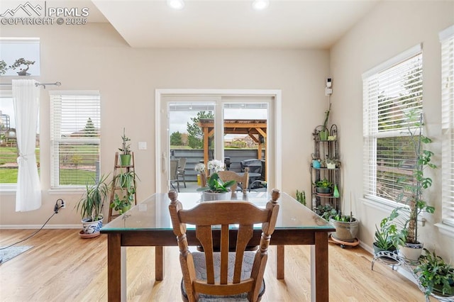 dining area featuring light wood-type flooring, plenty of natural light, baseboards, and recessed lighting