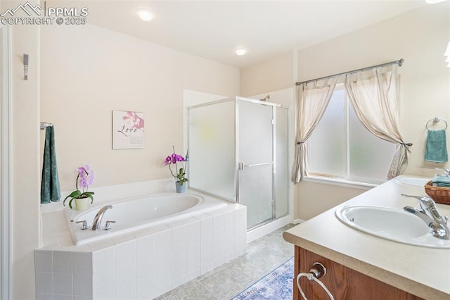 bathroom with a stall shower, a bath, tile patterned flooring, and double vanity