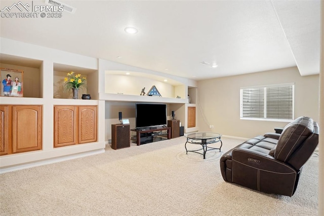 living area with carpet floors, recessed lighting, and baseboards