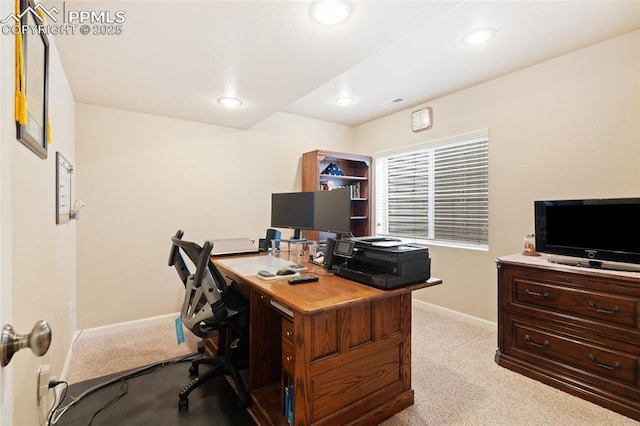 carpeted home office with baseboards and recessed lighting