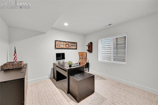6016 Haster Grv, Colorado Springs, CO 80927 - home office featuring baseboards, carpet flooring, and recessed lighting
