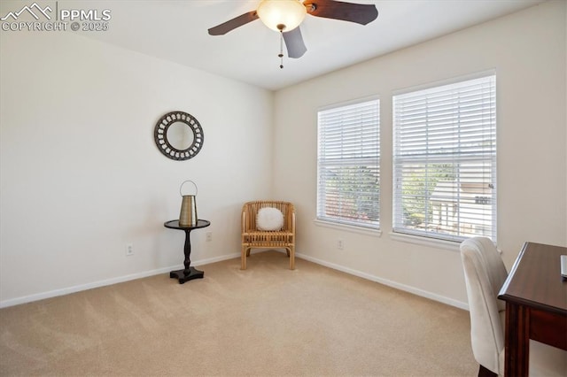 office featuring carpet floors, baseboards, and ceiling fan
