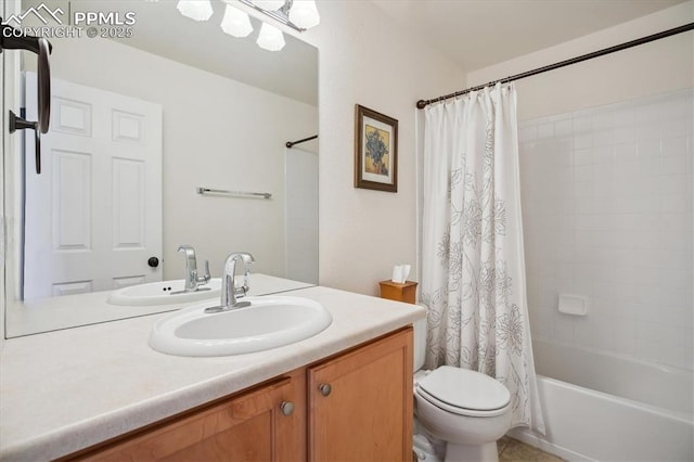 bathroom with vanity, toilet, and shower / tub combo with curtain