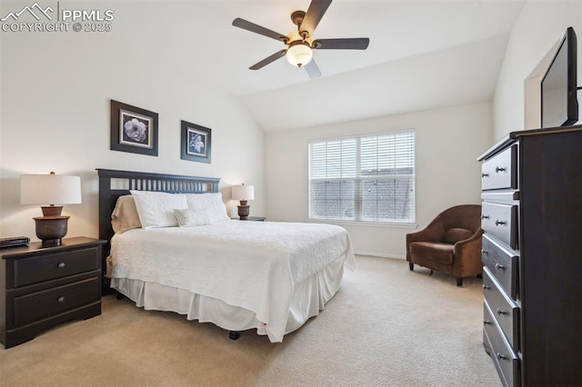 bedroom featuring light carpet, lofted ceiling, ceiling fan, and baseboards