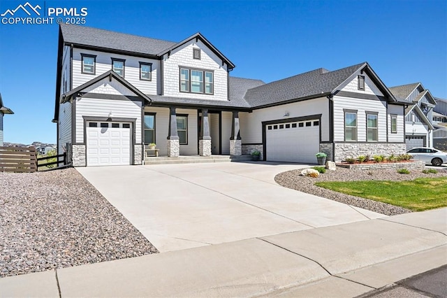 3293 Offbeaten Pl, Castle Rock, CO 80108 - craftsman-style house featuring stone siding, a porch, concrete driveway, and a garage