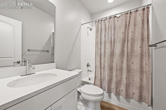 3293 Offbeaten Pl, Castle Rock, CO 80108 - full bath with shower / tub combo with curtain, toilet, vanity, and wood finished floors