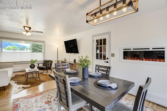 dining space with wood finished floors, a glass covered fireplace, a ceiling fan, and baseboards