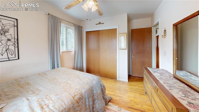 4012 Maxwell Pl, Colorado Springs, CO 80909 - bedroom featuring light wood-style flooring, a closet, and a ceiling fan