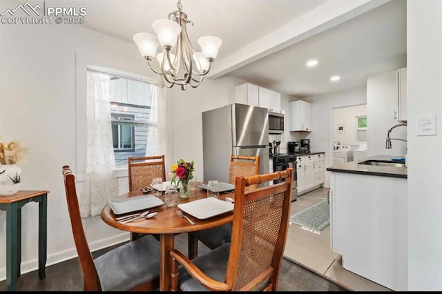 739 S Utica St, Denver, CO 80219 - dining area featuring a chandelier, light wood-style flooring, baseboards, and recessed lighting