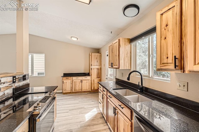 4790 Hennings Dr, Colorado Springs, CO 80911 - kitchen with a sink, light wood-style floors, appliances with stainless steel finishes, dark stone counters, and a textured ceiling