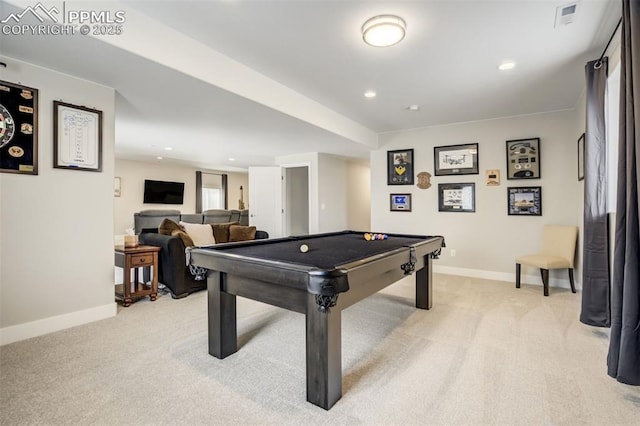 6898 Sedgerock Ln, Colorado Springs, CO 80927 - game room with billiards table, light colored carpet, baseboards, and recessed lighting