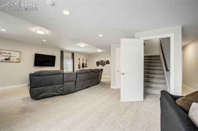 6898 Sedgerock Ln, Colorado Springs, CO 80927 - living area featuring light carpet, baseboards, recessed lighting, and stairs