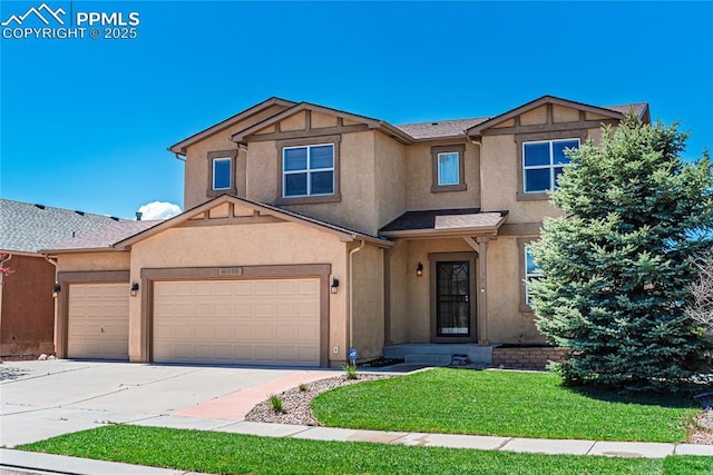 6018 Cumbre Vista Way, Colorado Springs, CO 80924 - traditional-style home featuring stucco siding, a front lawn, driveway, and an attached garage