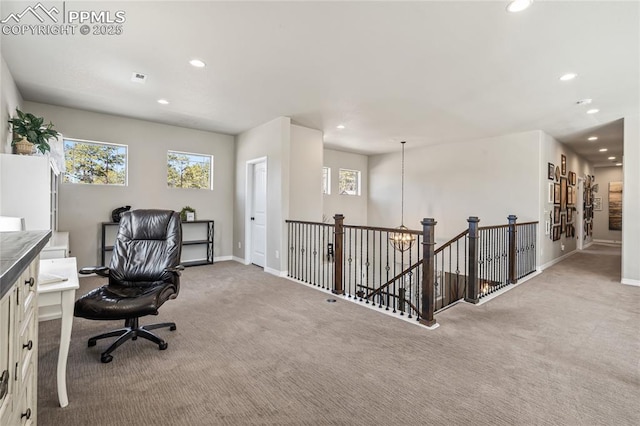 16231 Thunder Cat Way, Monument, CO 80132 - home office featuring carpet floors, recessed lighting, baseboards, and a chandelier