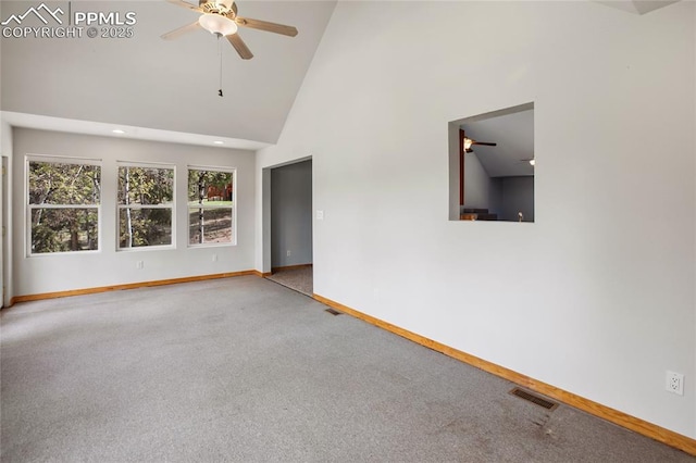 16 Echo Cir, Florissant, CO 80816 - empty room with a ceiling fan, carpet floors, high vaulted ceiling, and baseboards
