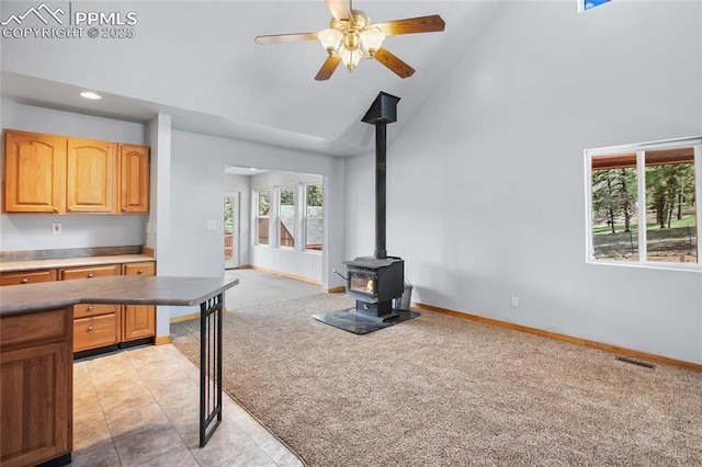 16 Echo Cir, Florissant, CO 80816 - unfurnished living room with light carpet, high vaulted ceiling, a wood stove, baseboards, and a ceiling fan